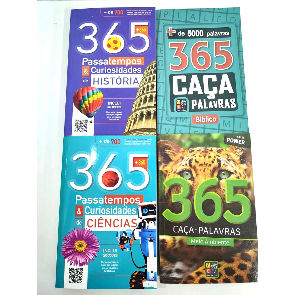 4 livros de passatempo  365 com curiosidades ciências, meio ambiente, historia e bíblico com mais de 5000 mil palavras.