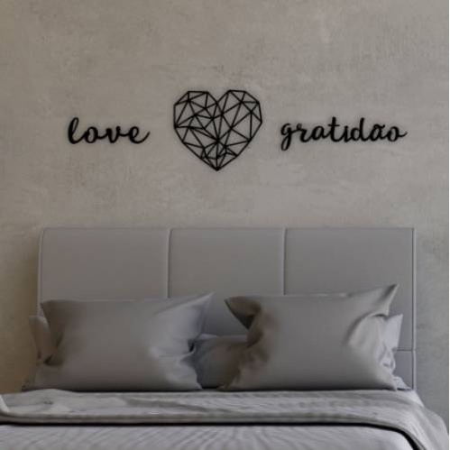 Kit aplique em MDF Quadro Decorativo De Parede Quarto Sala Coração Geométrico Love Gratidão Mdf 3mm Preto