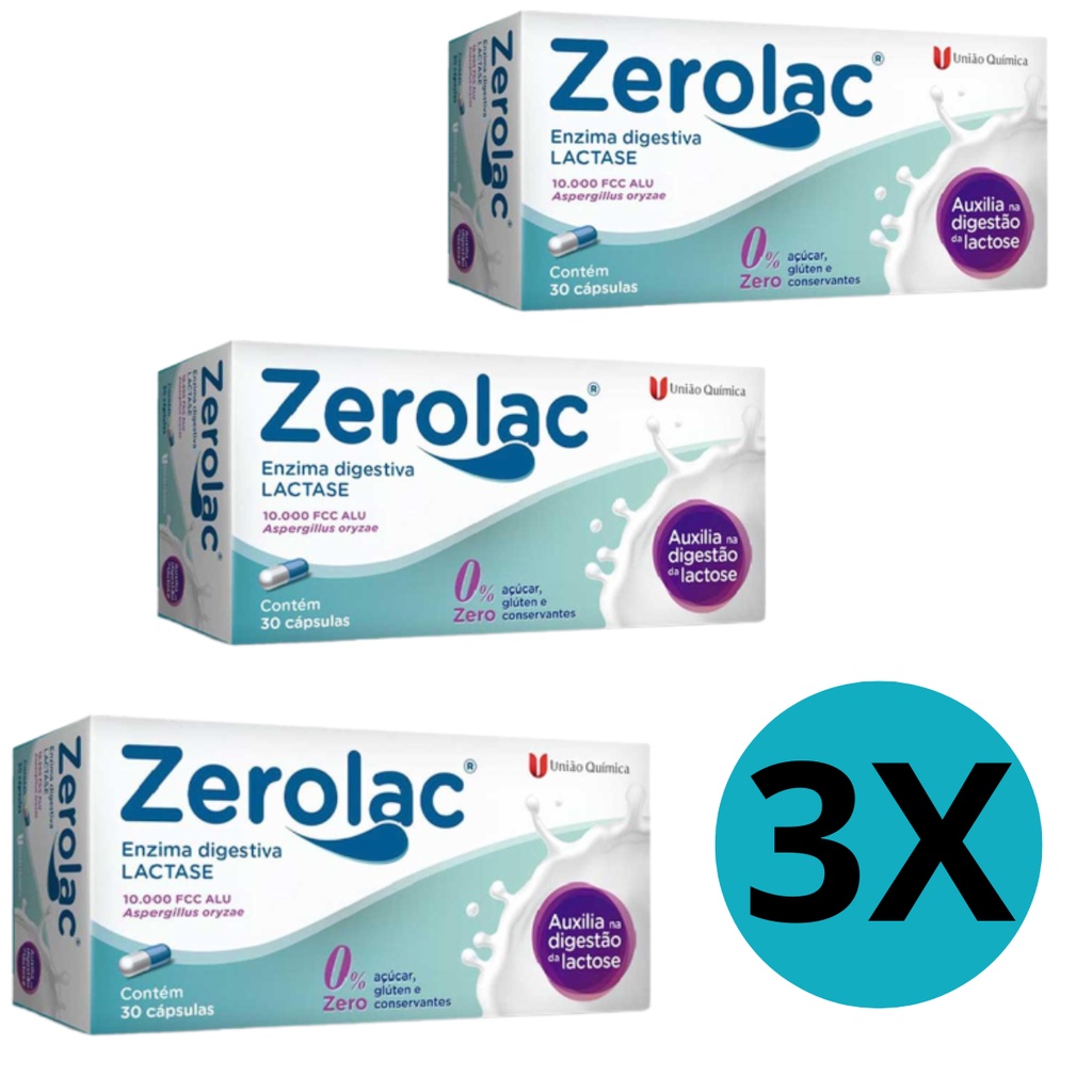 Zerolac Enzima Lactase 10.000 30 Caps Kit C/3 Zero Açúcar