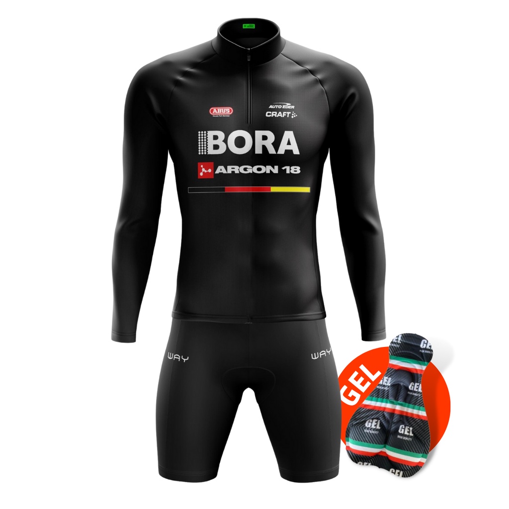 Conjunto Ciclismo de Inverno Masculino- Camisa Bora Preta e Bermuda Gel Equipe