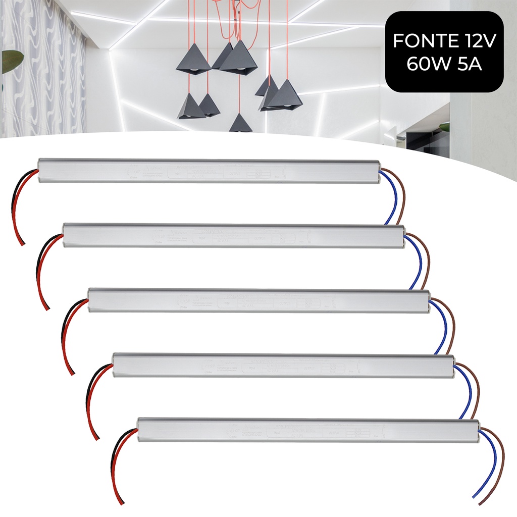 Kit 5 Fonte Driver 12v 5a 60w Slim Para Perfil Fita De Led