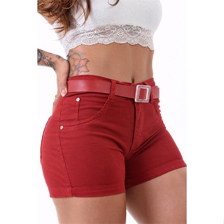 Short Feminino Curto Brim C/lycra Vermelho Marsala Super Linda
