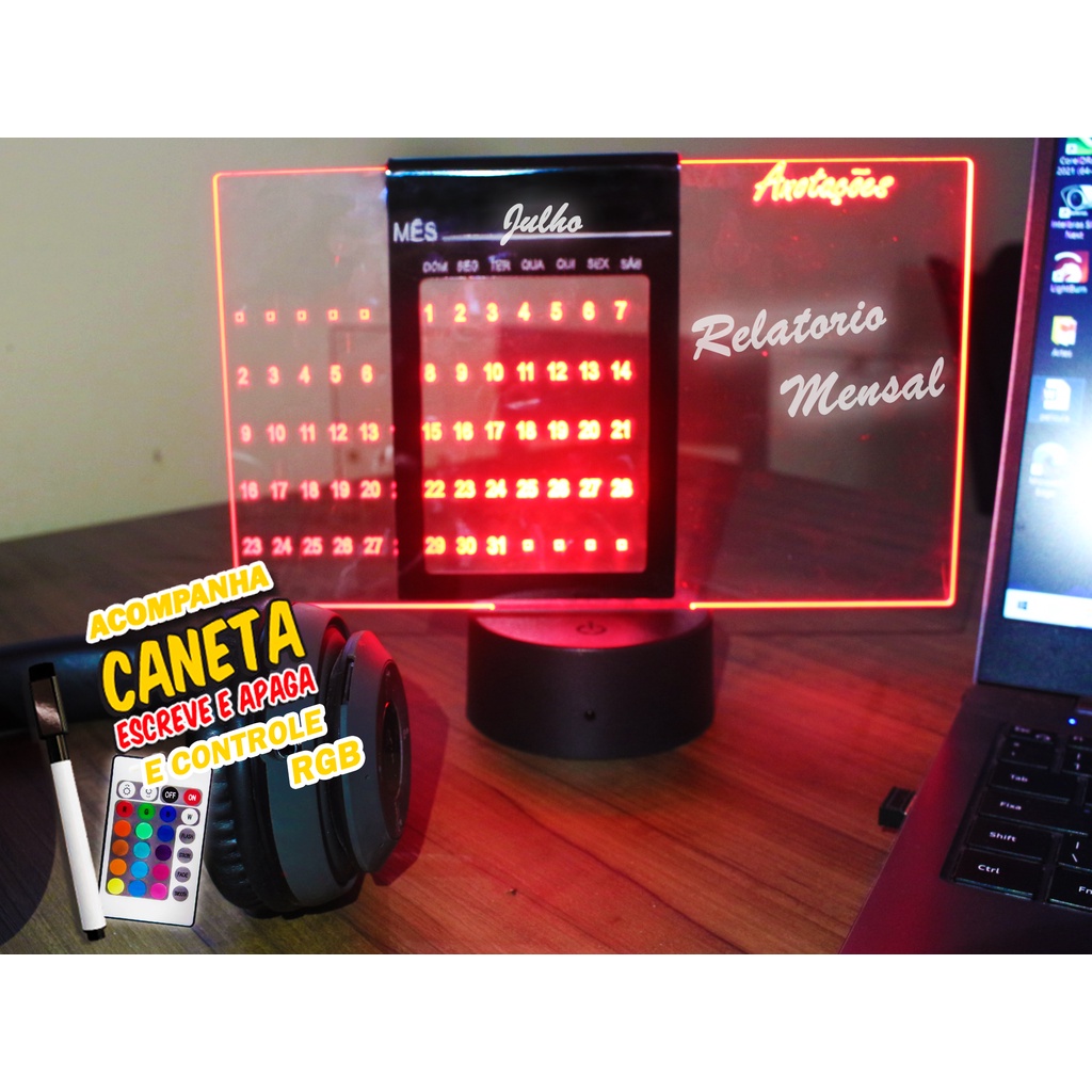 luminária De Mesa Calendário Escritório Home Office Mensal Acrílico Transparente RGB com controle e caneta escreve apaga