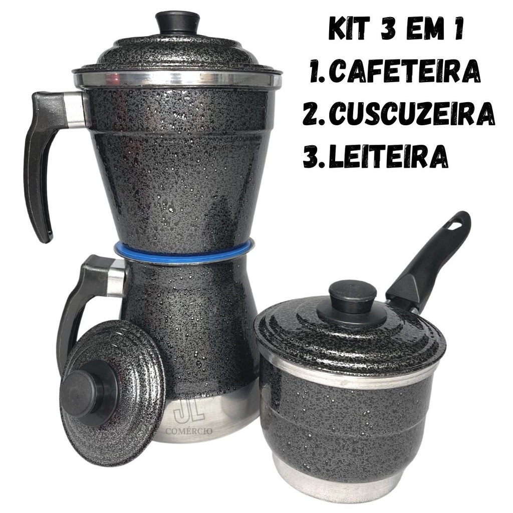 Cafeteira 3 em 1 Multiuso Leiteira + Cuscuzeiro Individual Porção Unica + Cafeteira Econômica 1L Italiana em Alumínio Café da Manhã Preta Craqueada