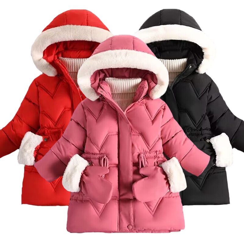 2-8 anos de inverno meninas jaqueta bonito chapéu removível e luvas espessa mantem o forro de veludo quente capucho casa