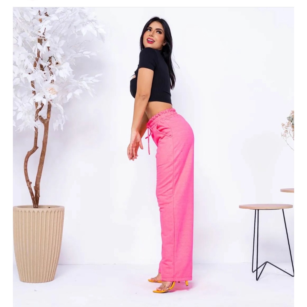 Calça Moletinho Pantalona Wide Leg Cintura Alta Feminina Roupa Blogueira Moda Inverno