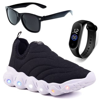 Tenis Infantil de Led Menino e Menina Calce Facil Preto e Branco e Óculos e Relógio Trc