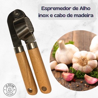 espremedor amassador de alho tambor removivel aço inox com cabo de madeira