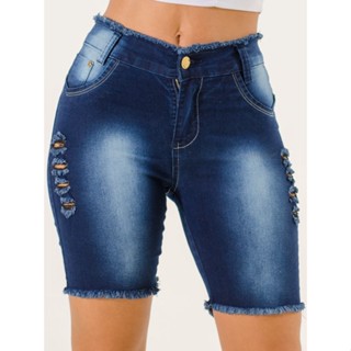 Bermuda jeans Azul desfiado com costura levanta bumbum