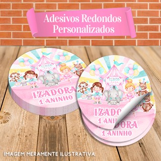Rótulos Adesivos Redondos Personalizados Circo Rosa Menina Aquarelado
