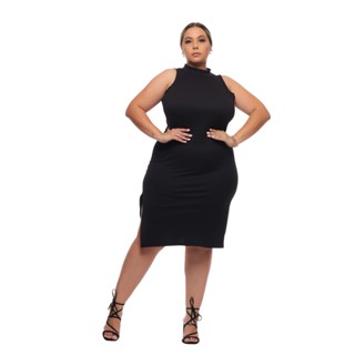 065 - Vestido Feminino Plus Size Canelado Gola Alta