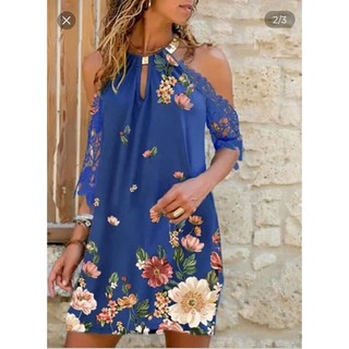 LUKABOUTIKE-VESTIDO CURTO ESTAMPA FLORAL GOLA ALTA DETALHE DA GOLA EM TECIDO.