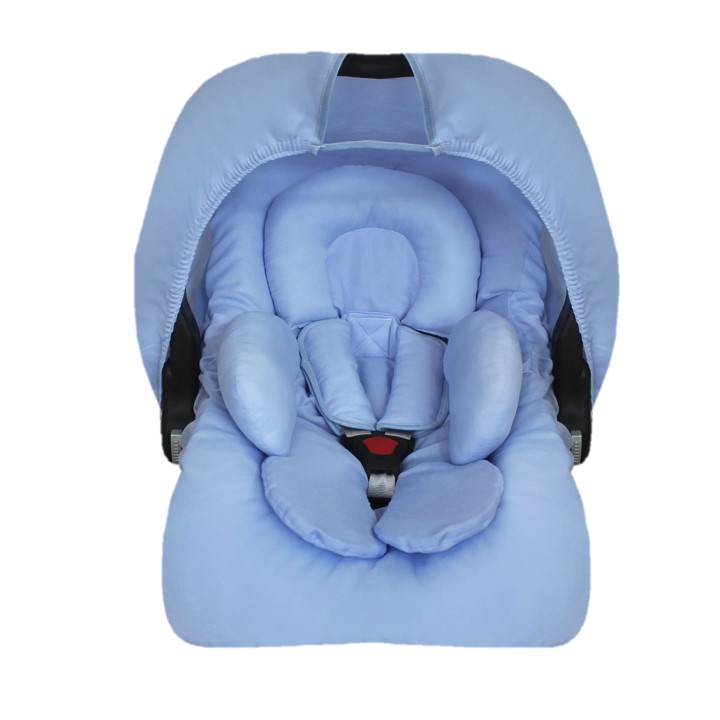 Kit completo para Bebê Conforto, Azul, Liso, Capa, Capota, Apoio e Protetor de Cinto, Microfibra