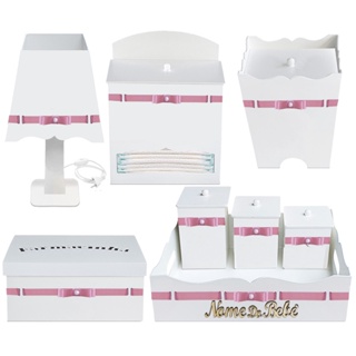 Kit de Higiene para bebê  Menina em MDF Branco com Fitas de Cetim rosa Personalizado em Oferta na Shopee