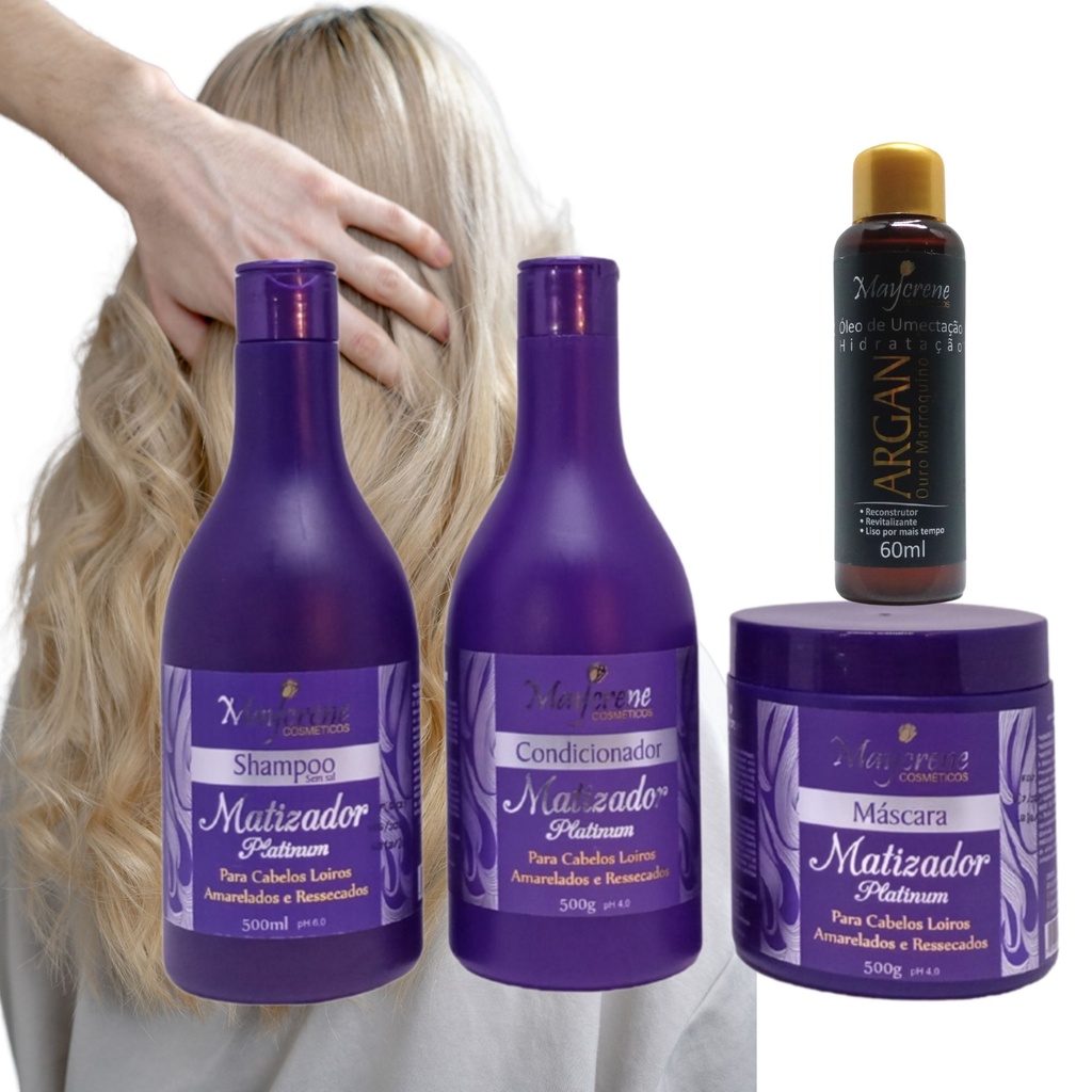 Kit Matizador Maycrene ( Shampoo + Condicionador + Máscara + Óleo Umectante) 3x500ml cada ideal para cabelos loiros, brancos ou grisalhos. Renova e realça