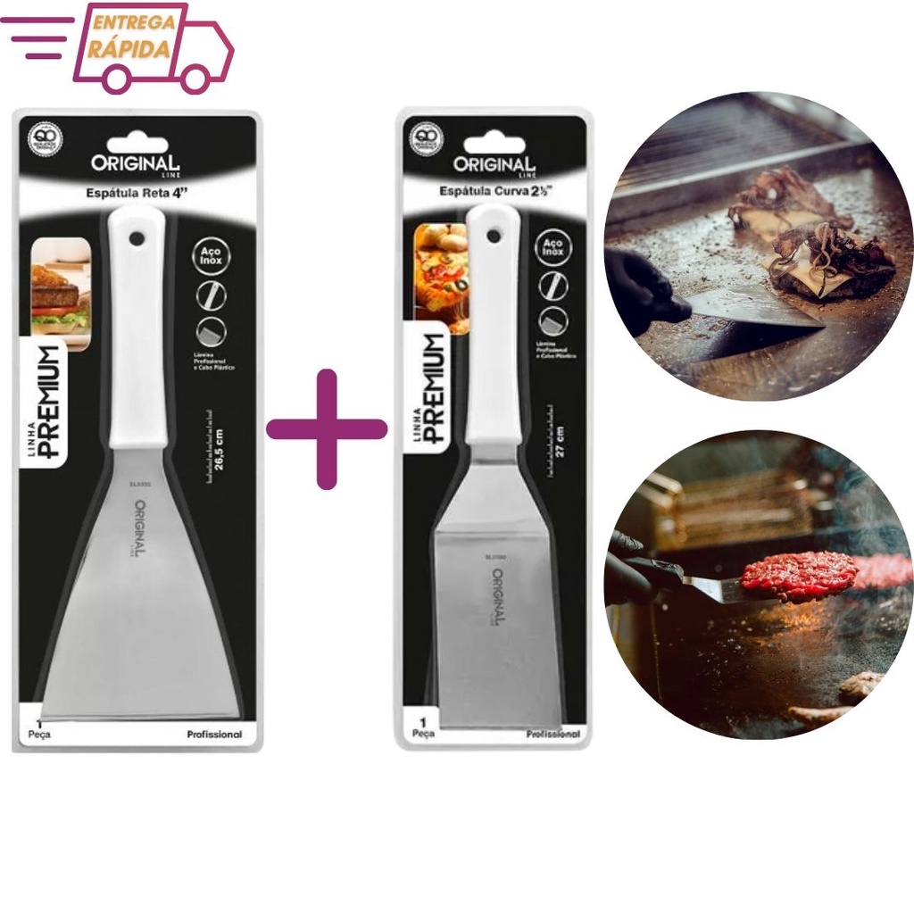 Kit Espátula em inox Reta 4 " e Curva 2,5" Premium Chapa Hambúrguer Lanchonetes Chapeiro Churrasco