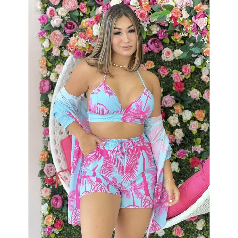 Conjunto Feminino 3 peças soltinho conjunto verão com kimono floral em short cropped com bojo de usar no dia dia florido