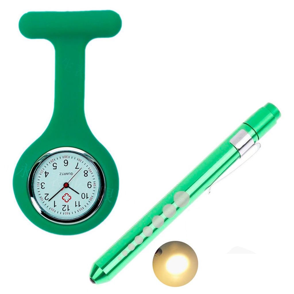 Relógio Lapela Silicone Enfermagem Verde E Caneta Lanterna