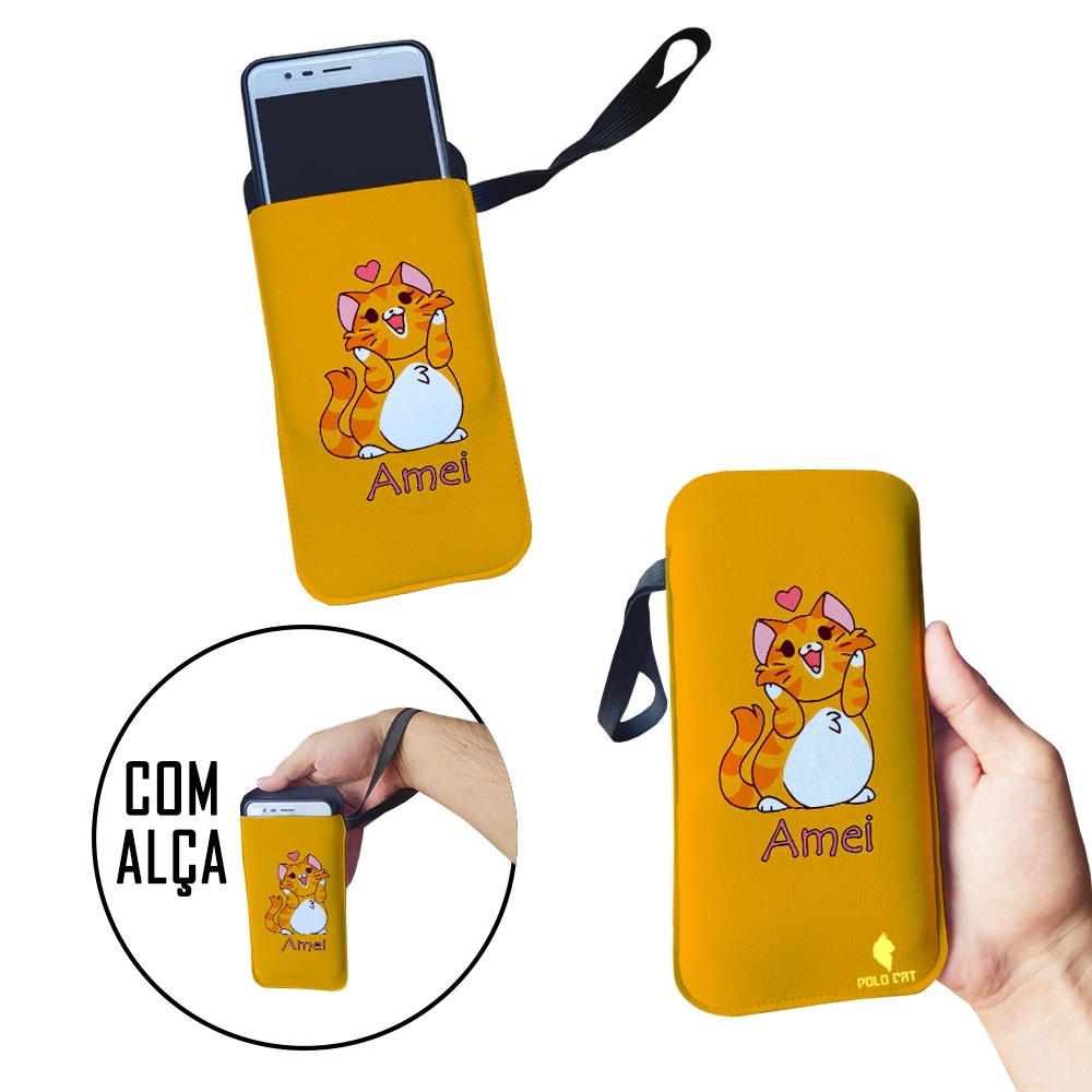 Capinha Celular Case Proteção Neoprene Universal compátivel com todas as marcas Gatinha Laranja Amei Fofa