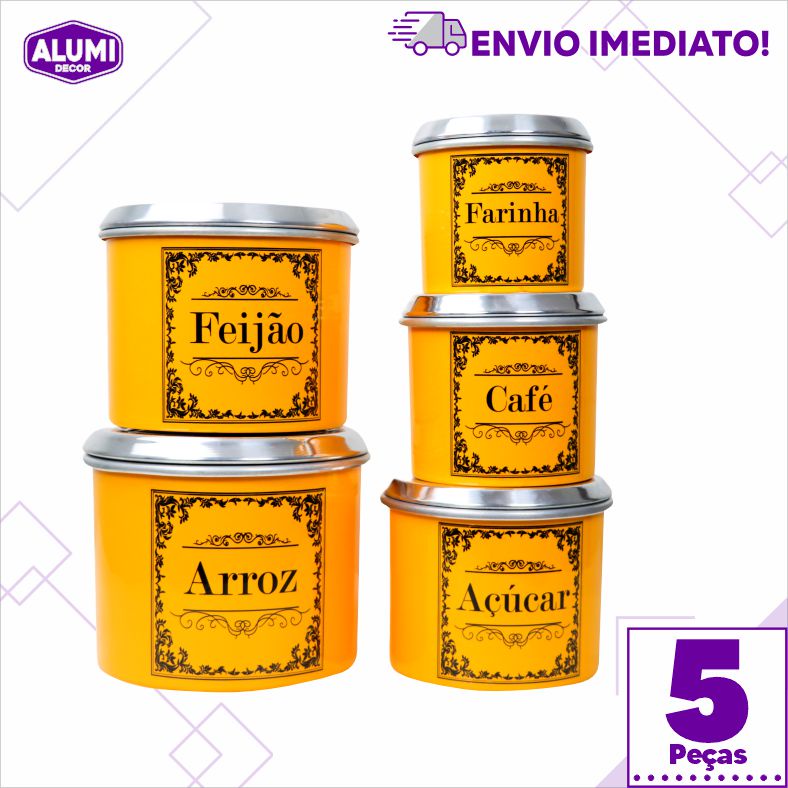 Jogo de Latas KIT Mantimento – 5 peças AMARELO – Alumínio Adesivado DECOUPAGE