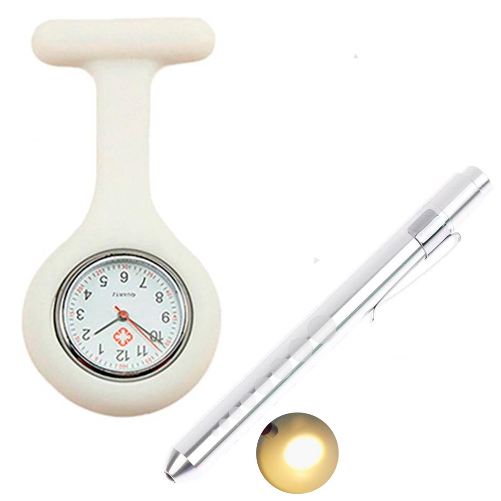 Relógio Lapela Silicone Enfermagem Branco E Caneta Lanterna
