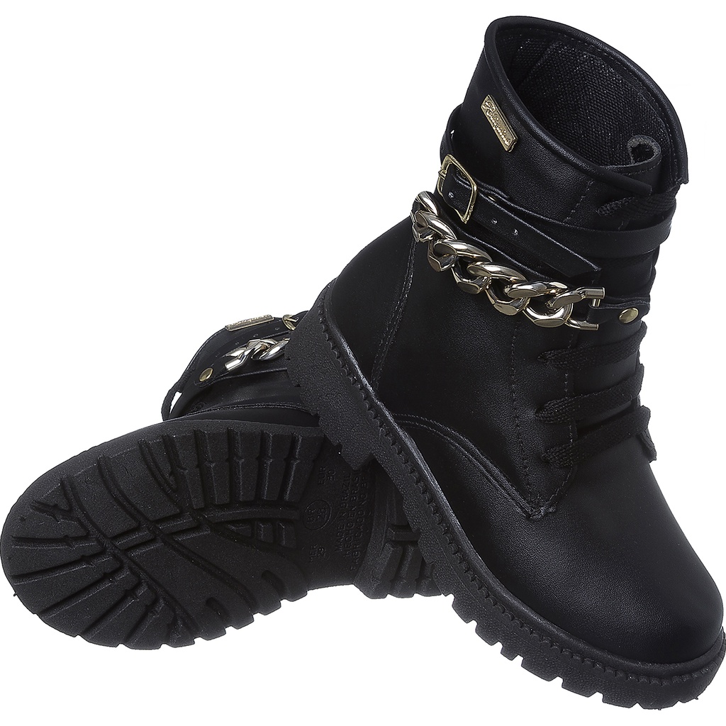 Coturno Bota Infantil Feminino Menina Preto Cinto Corrente Casual