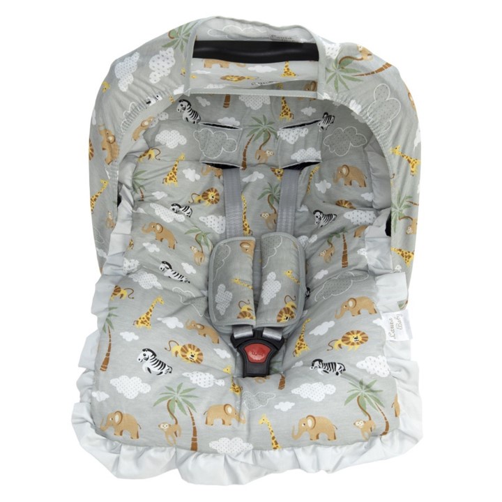 Kit para Bebê Conforto, Cinza, Animais, Menino, Capa + Capota + Protetor de Cinto, 4 Peças