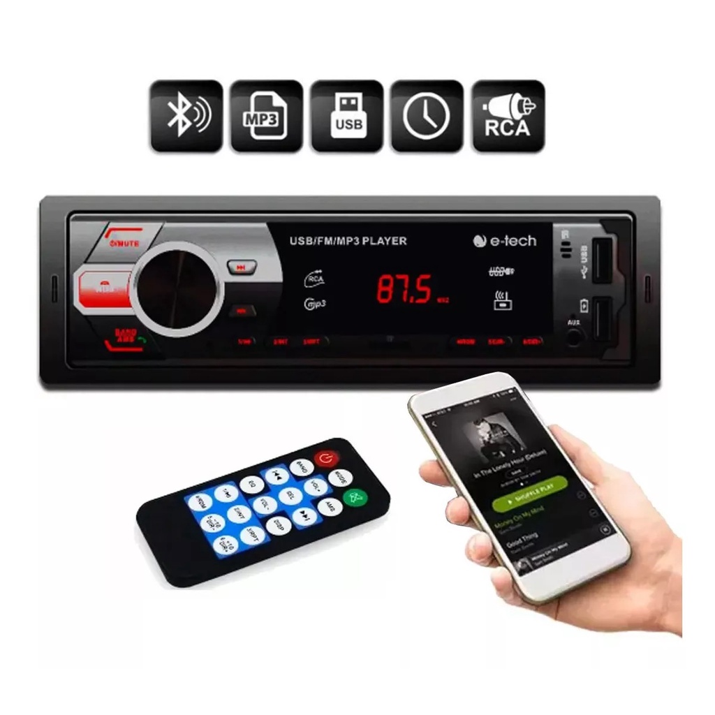 Auto Radio Mp3 E-tech Light Bluetooth 2 Usbs Aux Sd Controle - Spare Parts and Accessories for Vehicles