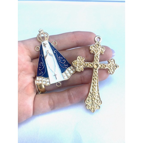 CONJUNTO: ENTREMEIO NS APARECIDA + CRUZ (Dupla) Nº 349 - KIT TERÇO NOIVA - DUPLA CRUZ + ENTREMEIO TERÇO DE NOIVA