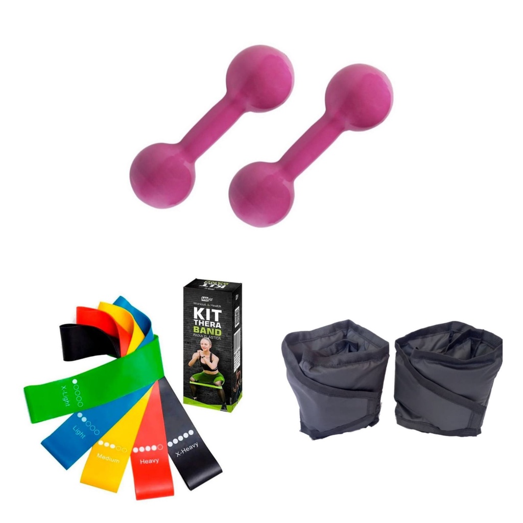 Combo Halter 1 kg + Caneleira 1 kg + kit Faixa Elástica Theraband Alongamento