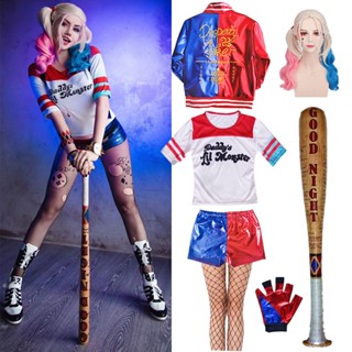 Roupa Mulher Adulta Fantasia Arlequina Cosplay Vestido De Festa De Halloween Bordado Casaco De Camisa De Peruca Curta Conjunto De Morcegos De Baseball
