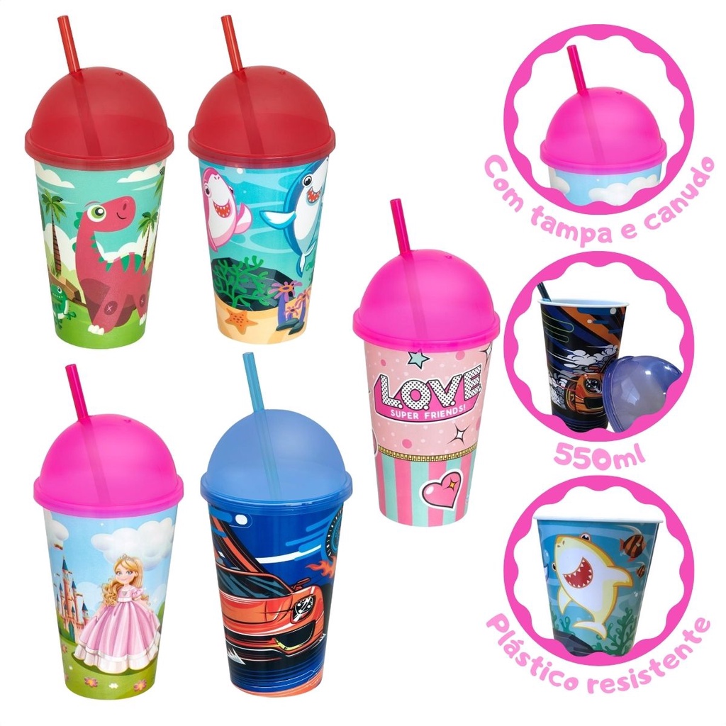 Copo Divertido 550ml Colorido Infantil Tampa E Canudo Usual - Mom & Baby