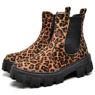 Bota Coturno Dubuy Feminina Tratorada Chelsea Animal Print Preto Onça Drop 1504FG