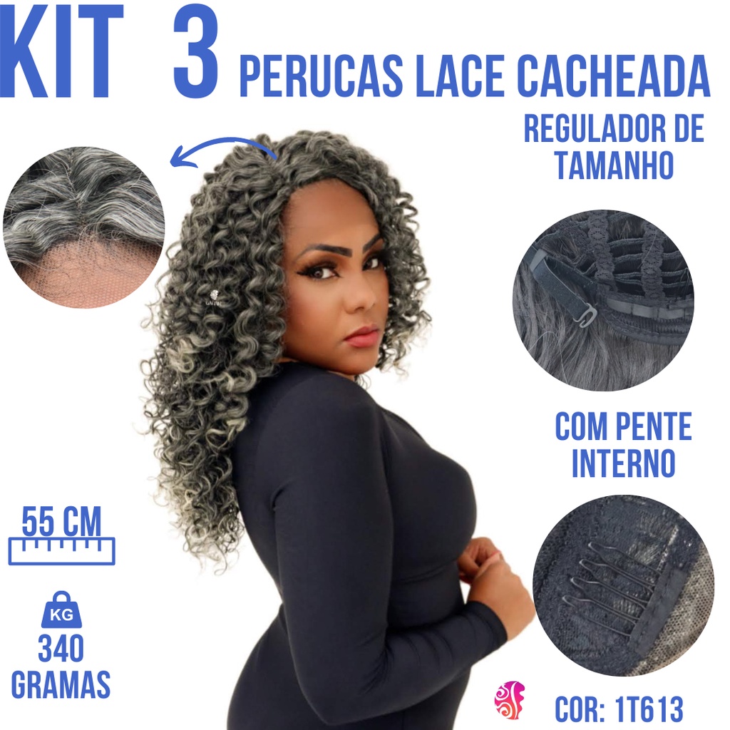 Kit 3 Perucas Lace Cabelo Cacheado 100%Organico Premium - Com Reguladores - Semelhante Ao Cabelo Humano+Wig Cap