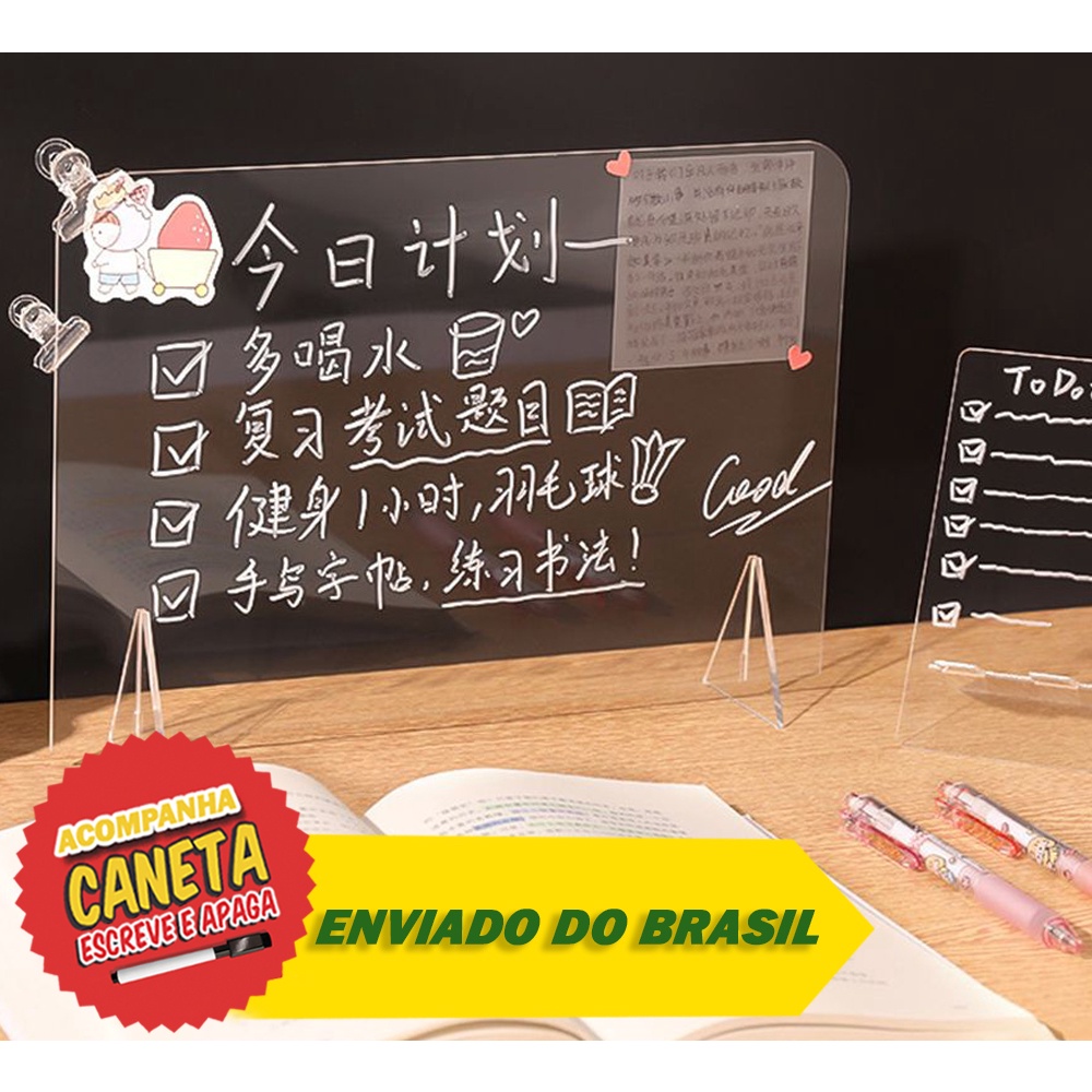 Planner Anotações Recados quadro de mesa Acrilico transparente + caneta escreve e apaga