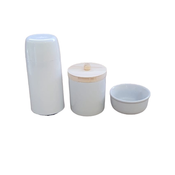 Kit Higiene Bebe Porcelana Branco Gelo Trio de Peças Pote G com Puxador, Mini Garrafa Termica Invicta, Molhadeira