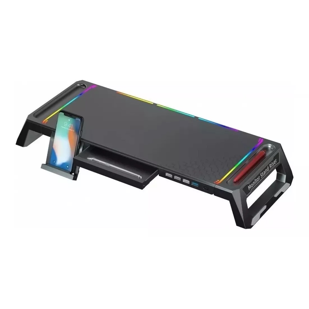 Suporte Para Monitor Celular Base Mesa Elevado Led Rgb Usb 3.0 Gamer Home Office