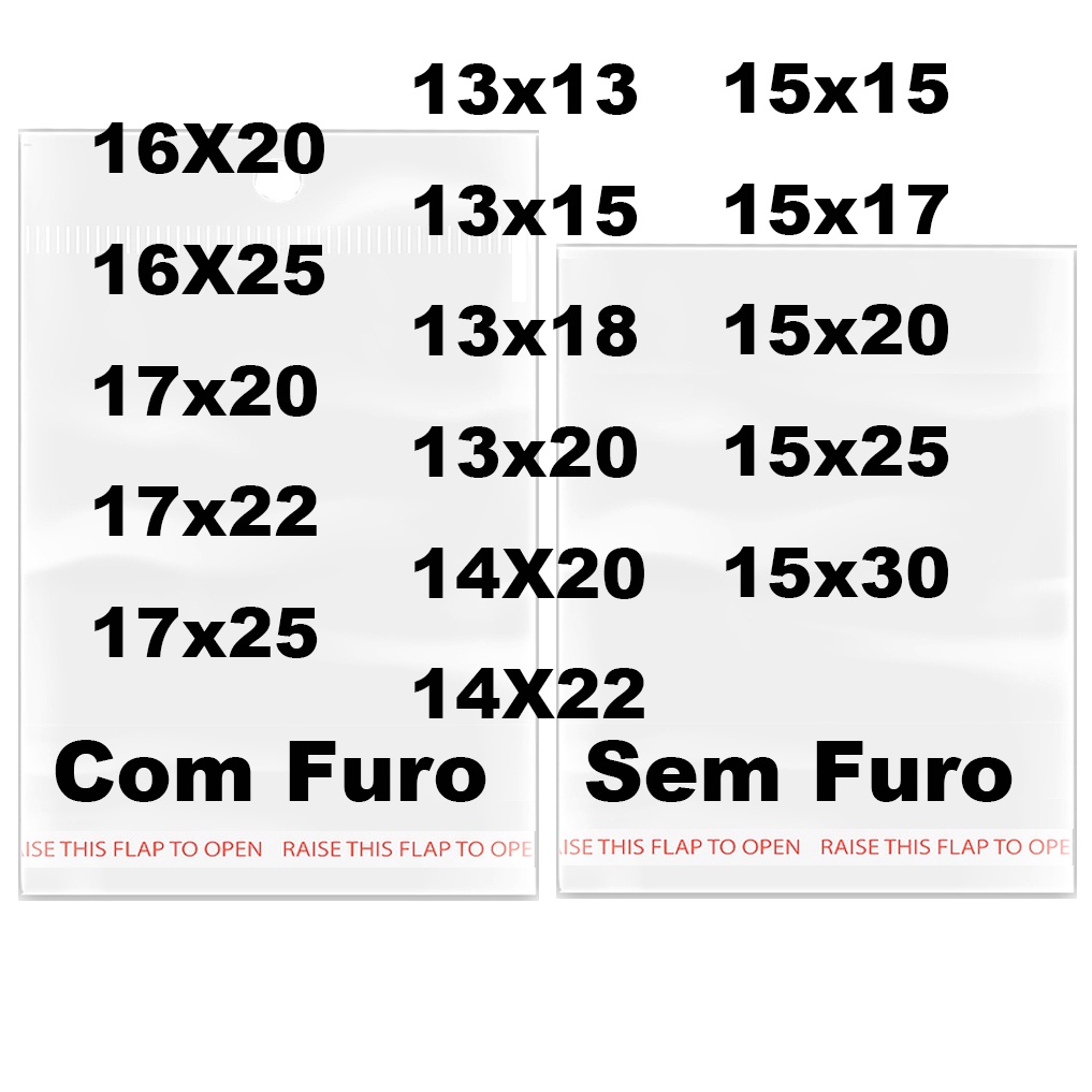 kit 100 Saco Adesivado MAIOR Saquinho Transparente Plástico furo 14x14 13x30 17X22 13X13 13X15 13X18 13X20 14X20 15x15 16X20 15x17 15x20 15x25 15x30 16X25 17X25 em Oferta na Shopee