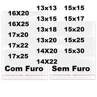 kit 100 Saco Adesivado MAIOR Saquinho Transparente Plástico furo 14x14 13x30 17X22 13X13 13X15 13X18 13X20 14X20 15x15 16X20 15x17 15x20 15x25 15x30 16X25 17X25
