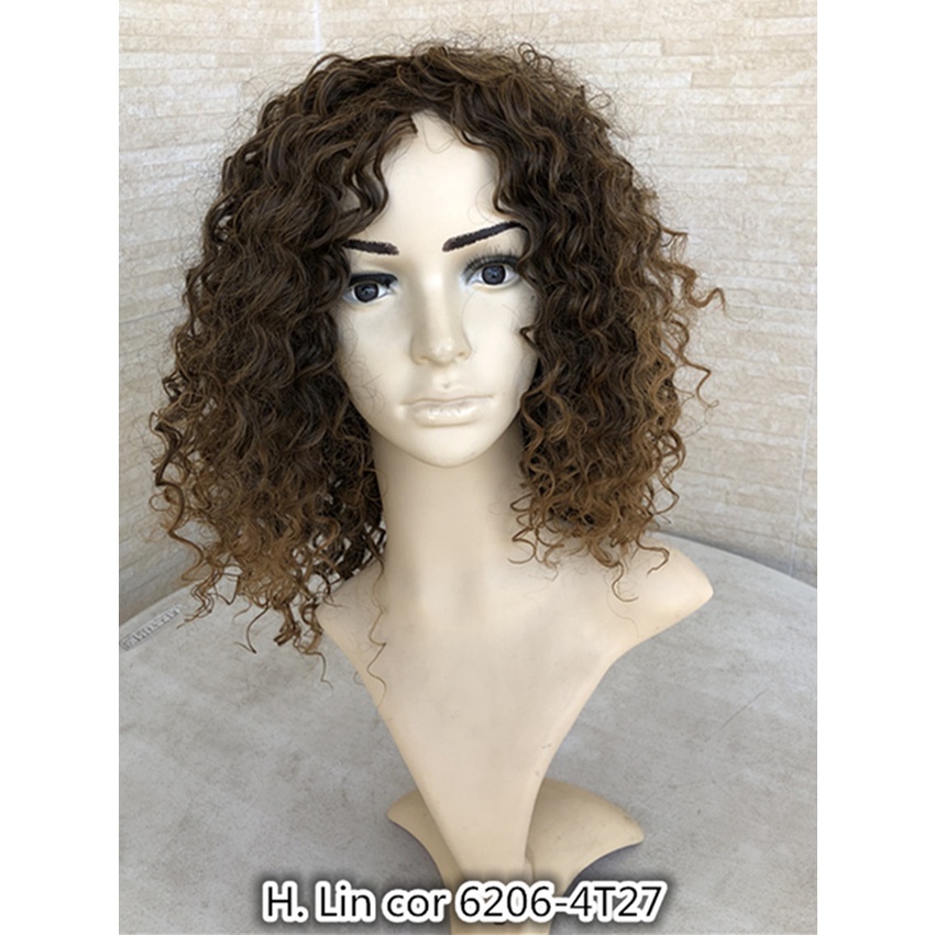 6206-4t27 - Peruca castanho com mechas luzes loiro cacheado afro crespo fibra organico 45cm 250gramas