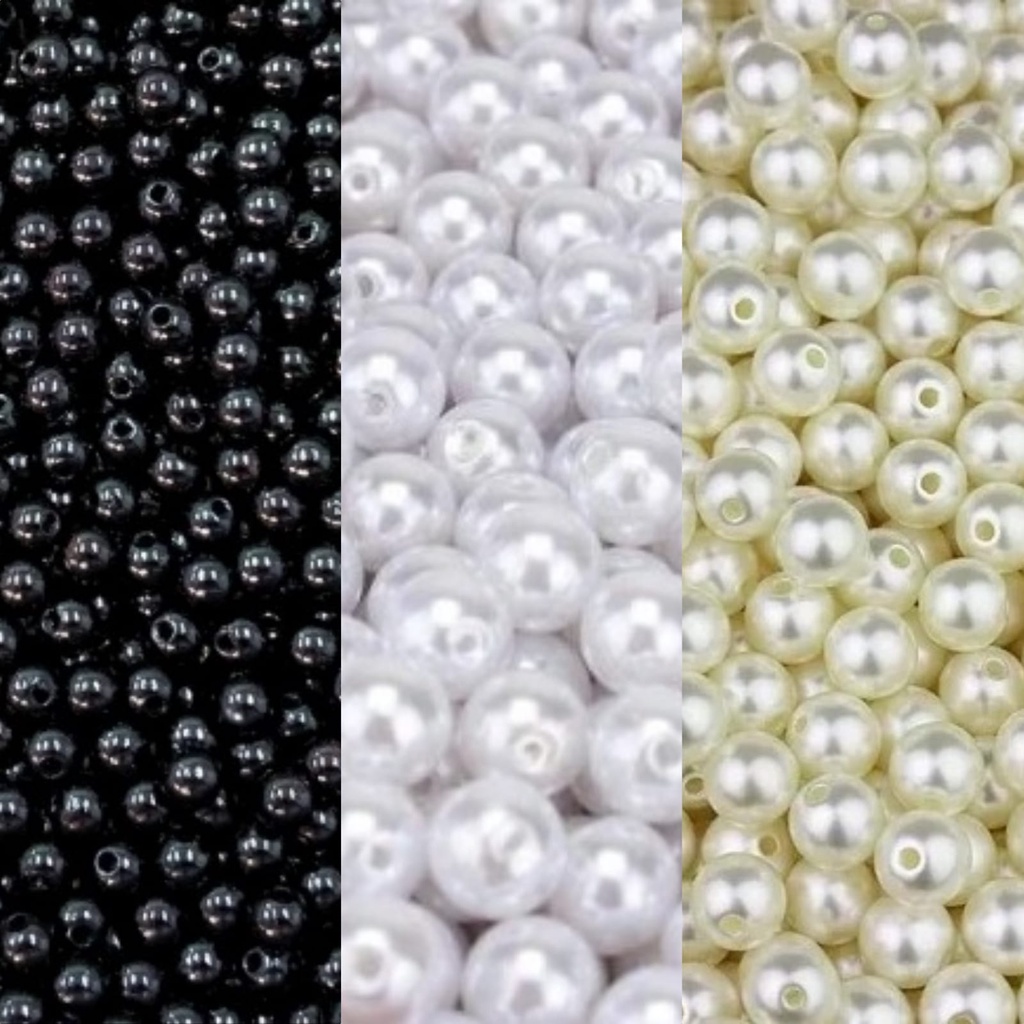 Pérola ABS com furo, branca, creme e preta - 50g (3mm, 4mm, 5mm, 6mm, 8mm, 10mm, 12mm, 14mm, 16mm)
