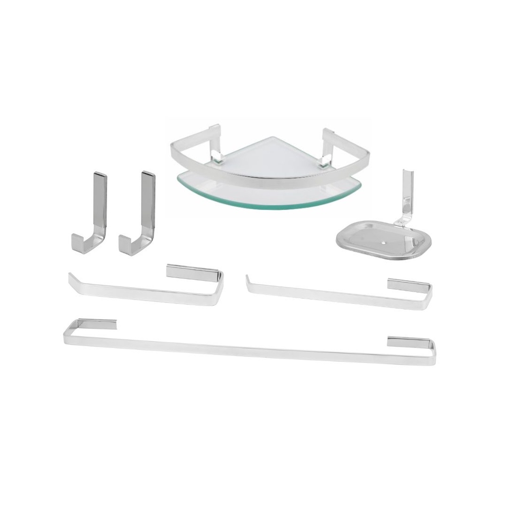 Kit Acessórios Para Banheiro 6 Peças Inox Alumínio Quadrado com Porta shampoo canto quadrado