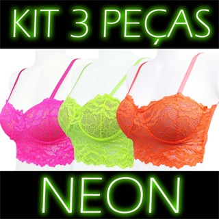 Kit 3 Croppeds Neon Top Renda Feminino Meia Taça C/ Bojo Alça Regulável