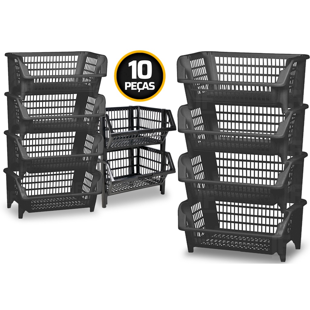 Kit Jogo Cesto Empalhável Expositor Organizador Plástico De Produtos Preto 10 Unidades em Oferta na Shopee
