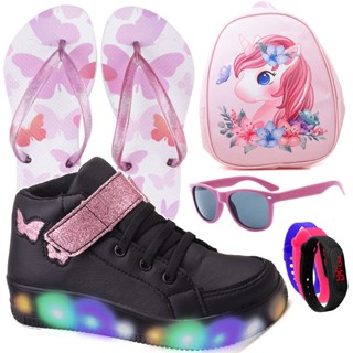 Kit Botinha Feminino Infantil Tenis De Led Meninas Borboleta Glitter Preta + Mochila + Chinelo + Óculos + Relógio GeG