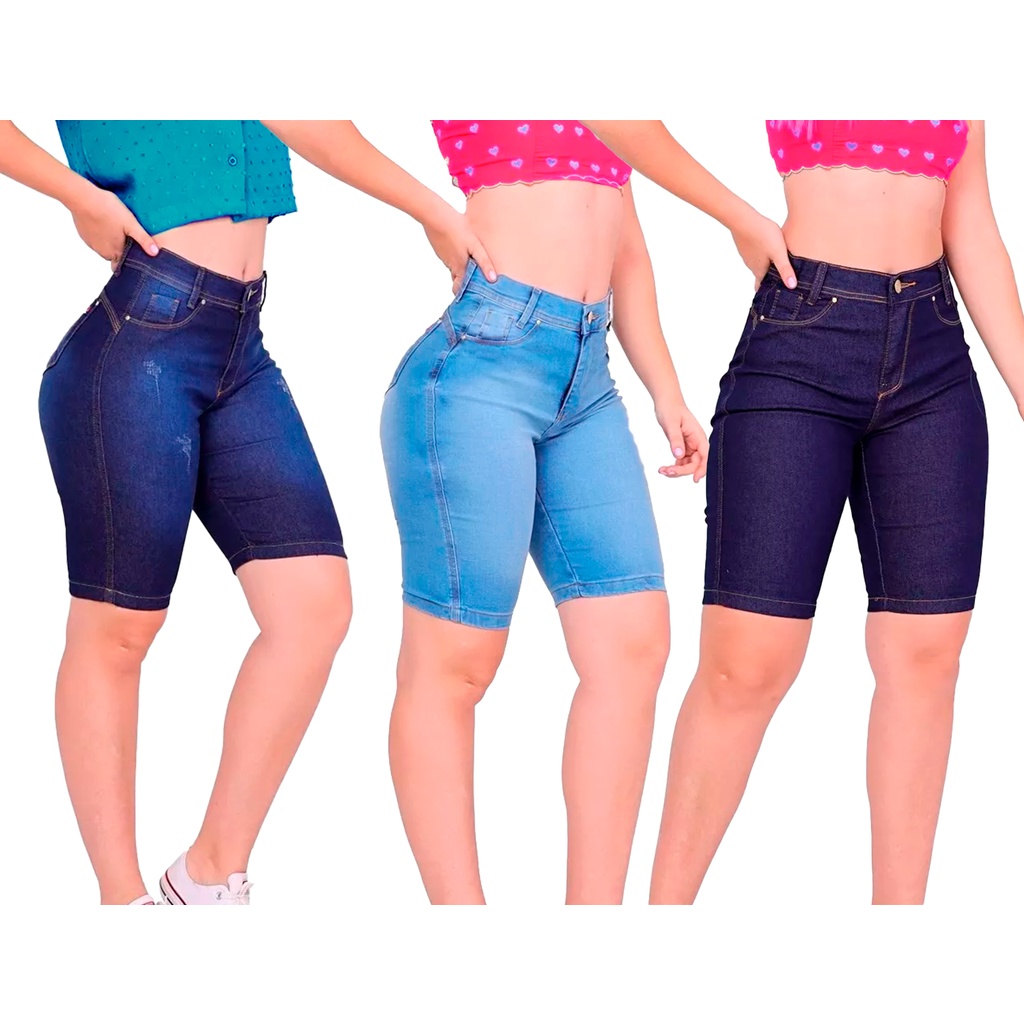 kit 2 Bermuda Short Jeans Ciclista Feminina Cintura Alta Lycra Comprida até o Joelho tamanhos 38 ao 48