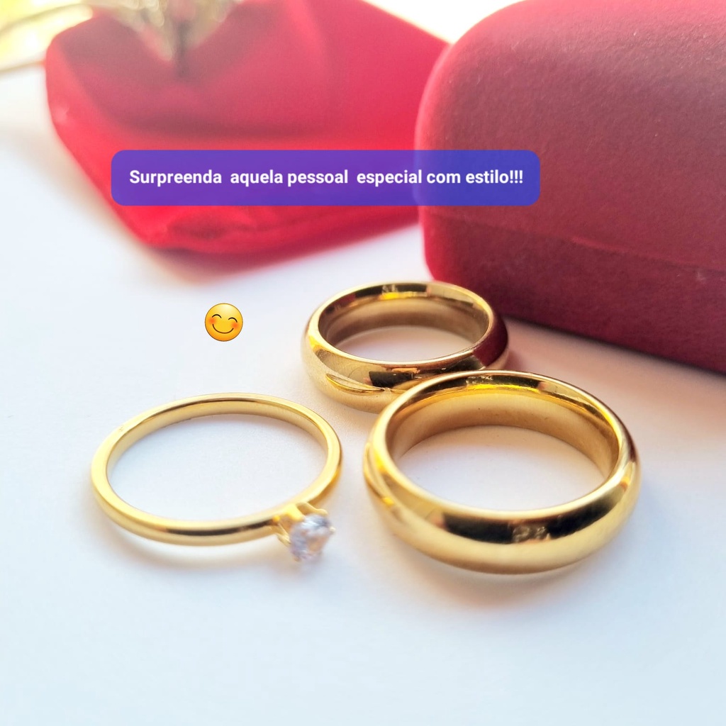Par de anel aliança 6mm Abaulada boleada Banhado a ouro 18k + Anel solitário (COD-129)