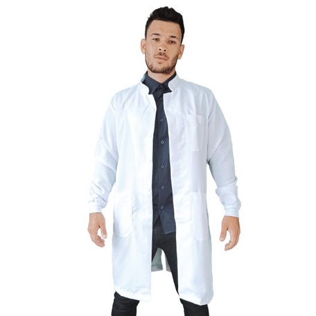 Jaleco Masculino Oxford Branco, Botão Embutido, Gola Padre, Com Punho, Manga Longa