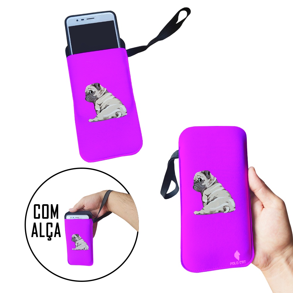 Capinha Celular Case Proteção Neoprene Universal compátivel com todas as marcas Pug Rosa Escuro Cachorro Costa