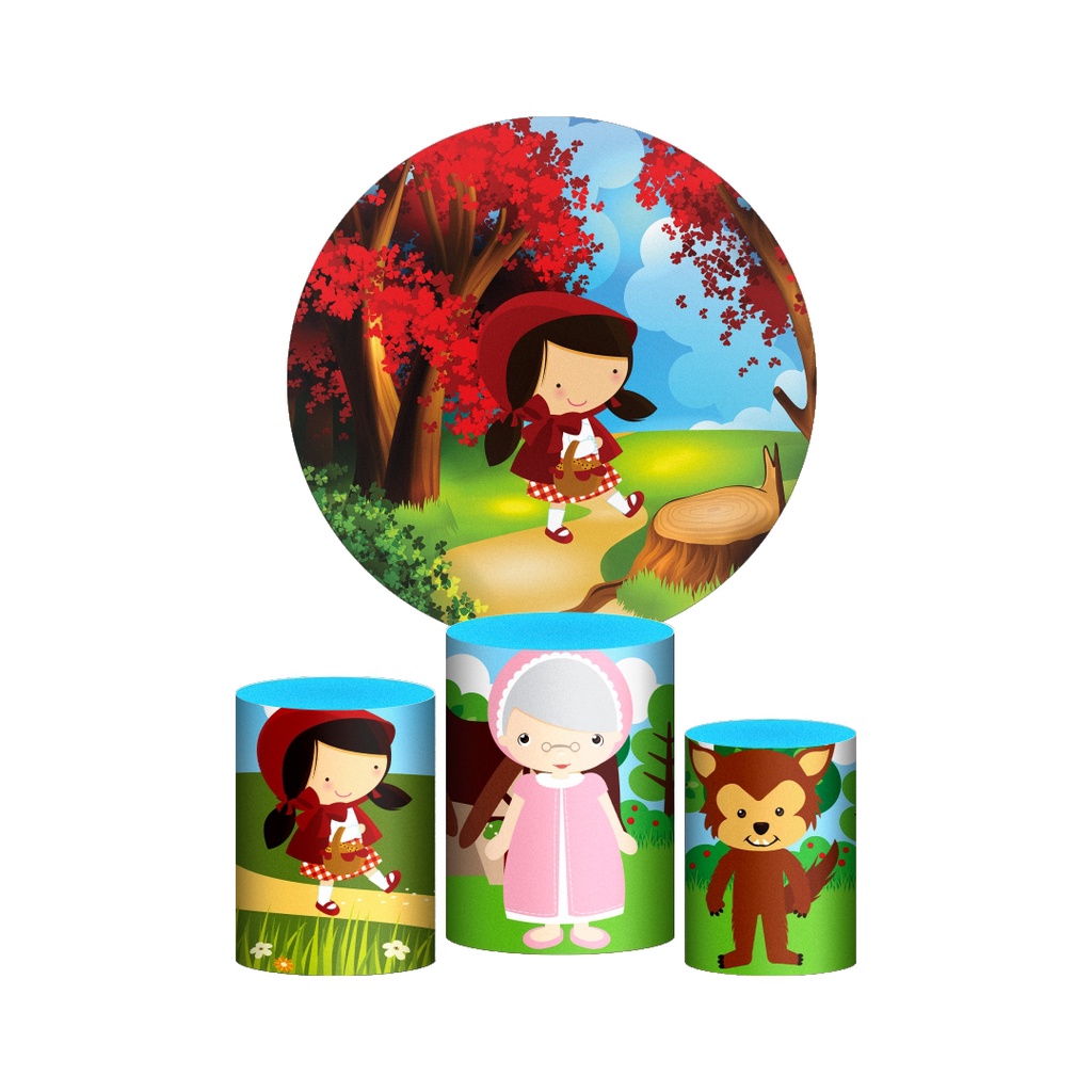 Trio Capa de Cilindro + Painel Redondo 1,50m Tema Chapeuzinho vermelho em Tecido 3d Sublimado Veste Fácil com Elástico